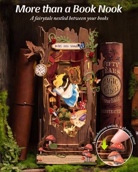Robotime Book Nook pocket watch and mushrooms enhance tactile storytelling.