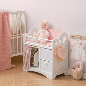 Robotime crib in pink and white color scheme as nursery decor