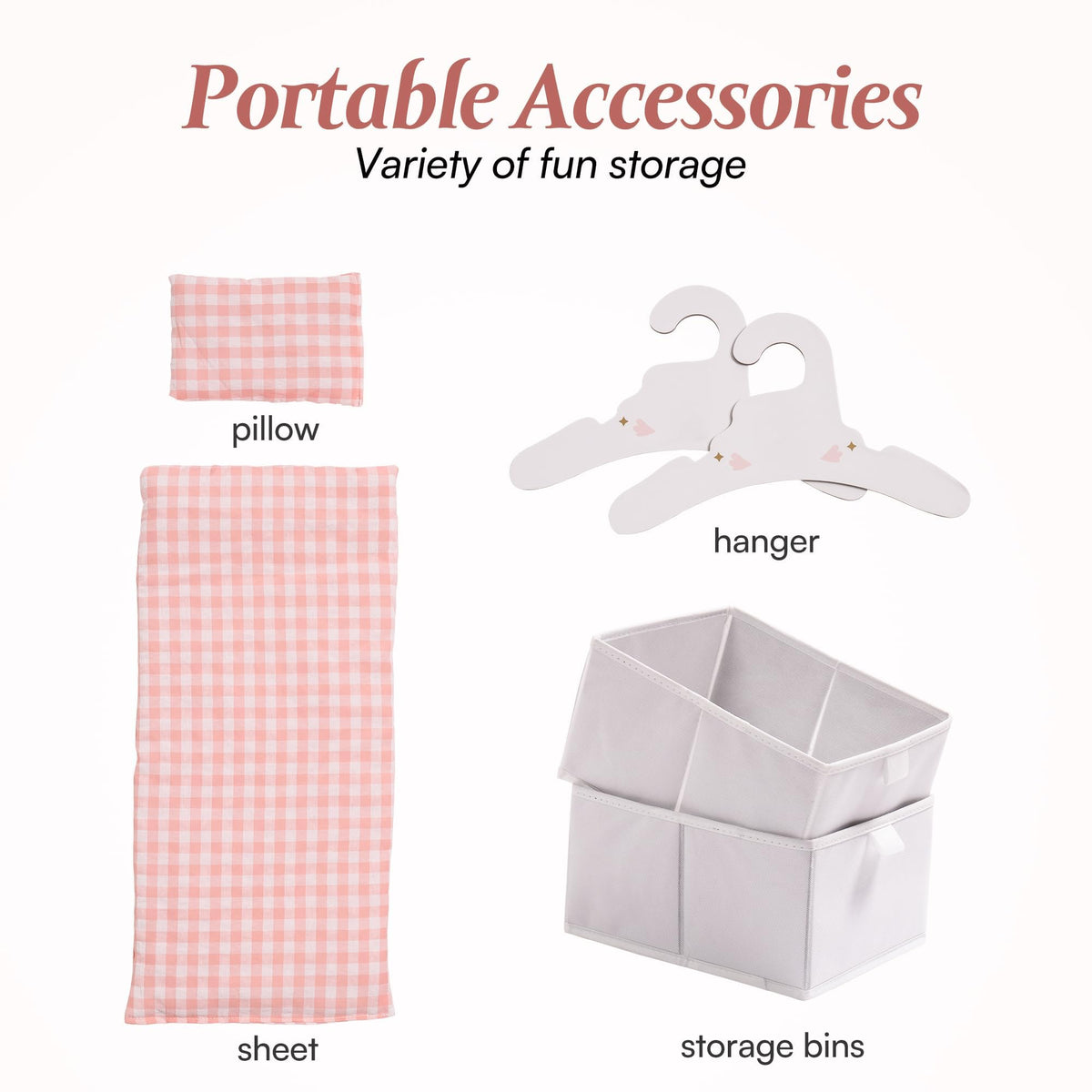 Robotime doll crib featuring three wooden hooks and two baskets for organization