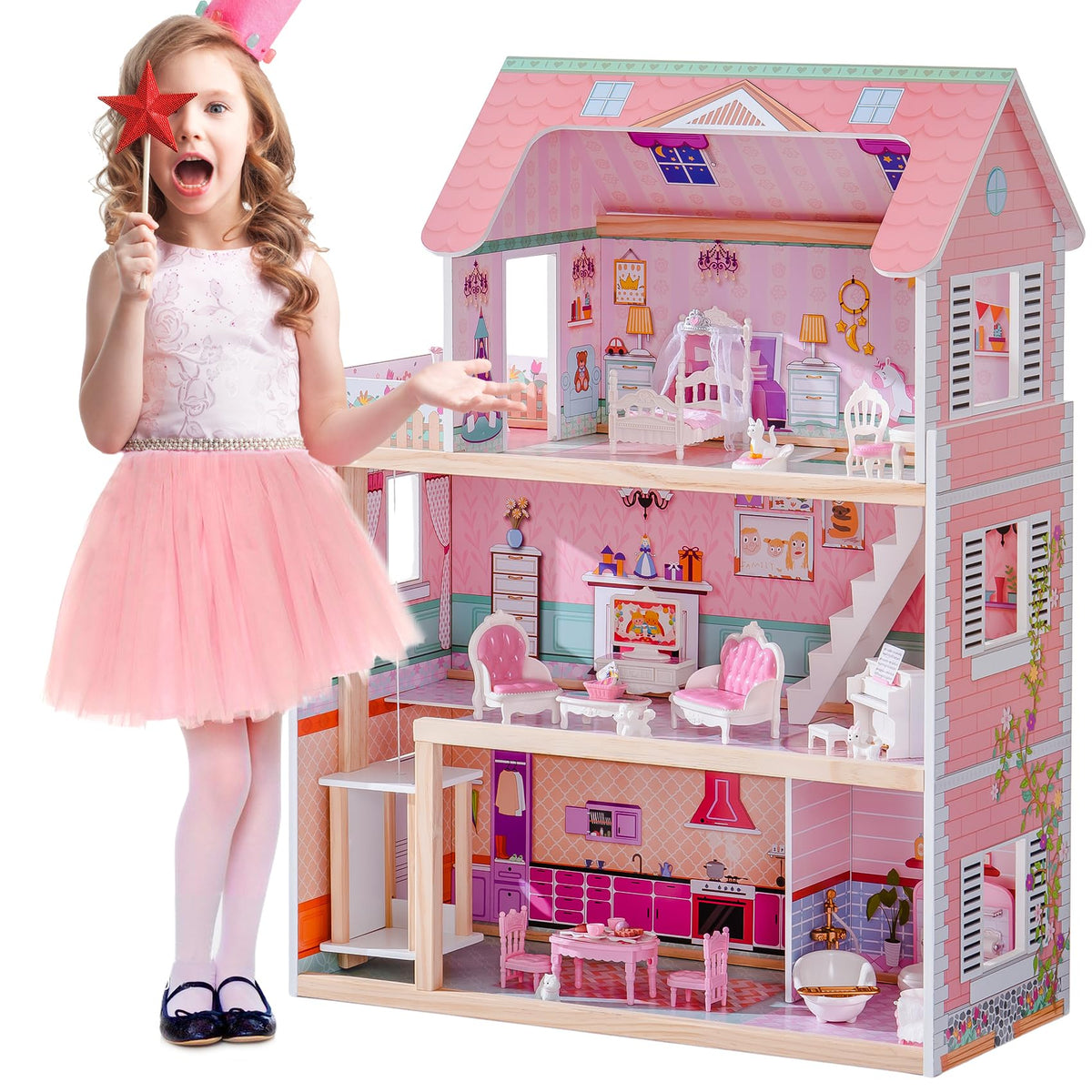 Robotime dollhouse front view in pink showing inviting play space for 4–6 inch dolls, sparks imagination