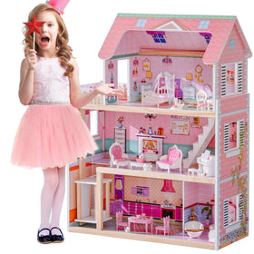 Robotime dollhouse front view in pink showing inviting play space for 4–6 inch dolls, sparks imagination