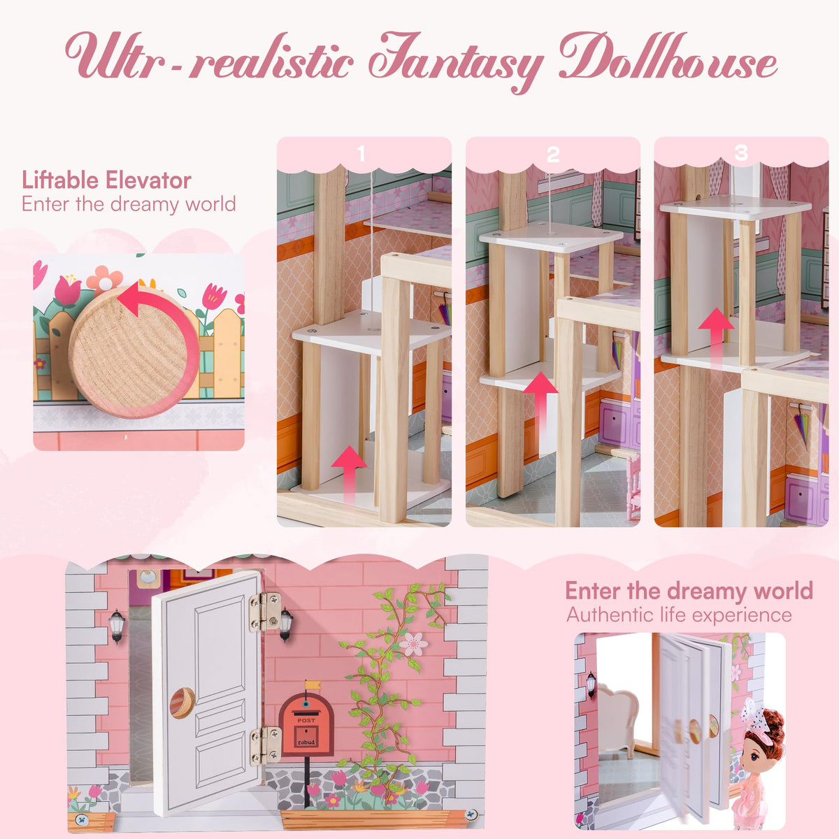 Robotime dollhouse staircase and three levels encourage exploration and creative layouts