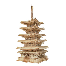 Robotime Five-Storied Pagoda assembled on display, a striking centerpiece for home or office