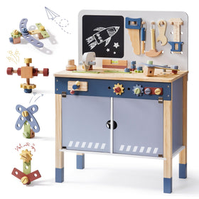 ROBOTIME durable wooden workbench encourages independent, imaginative play.