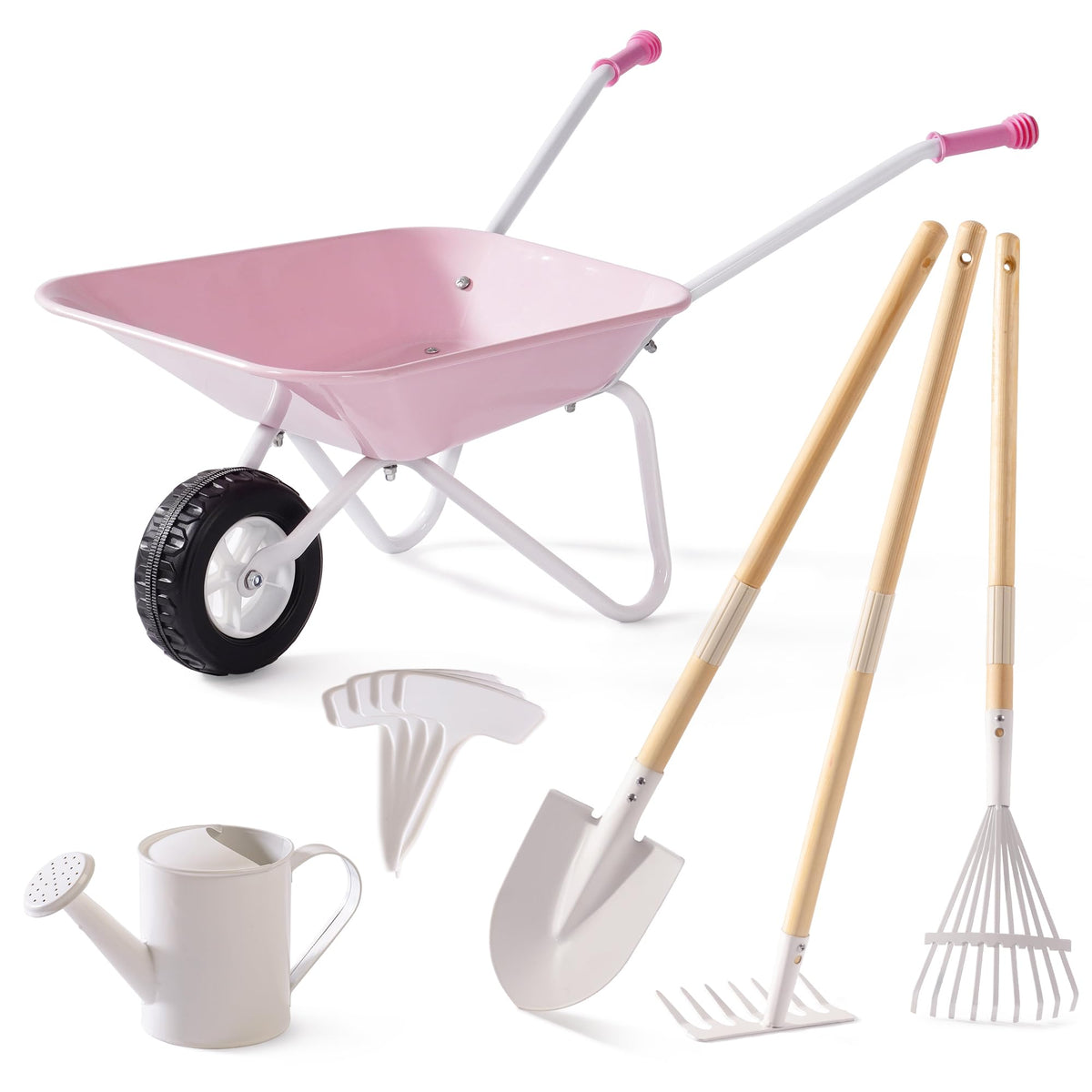 ROBOTIME pink kids wheelbarrow garden set for imaginative outdoor play.