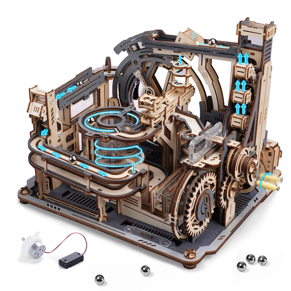 ROBOTIME Marble Spaceport LGC01 assembly guide highlights precise parts for a satisfying build