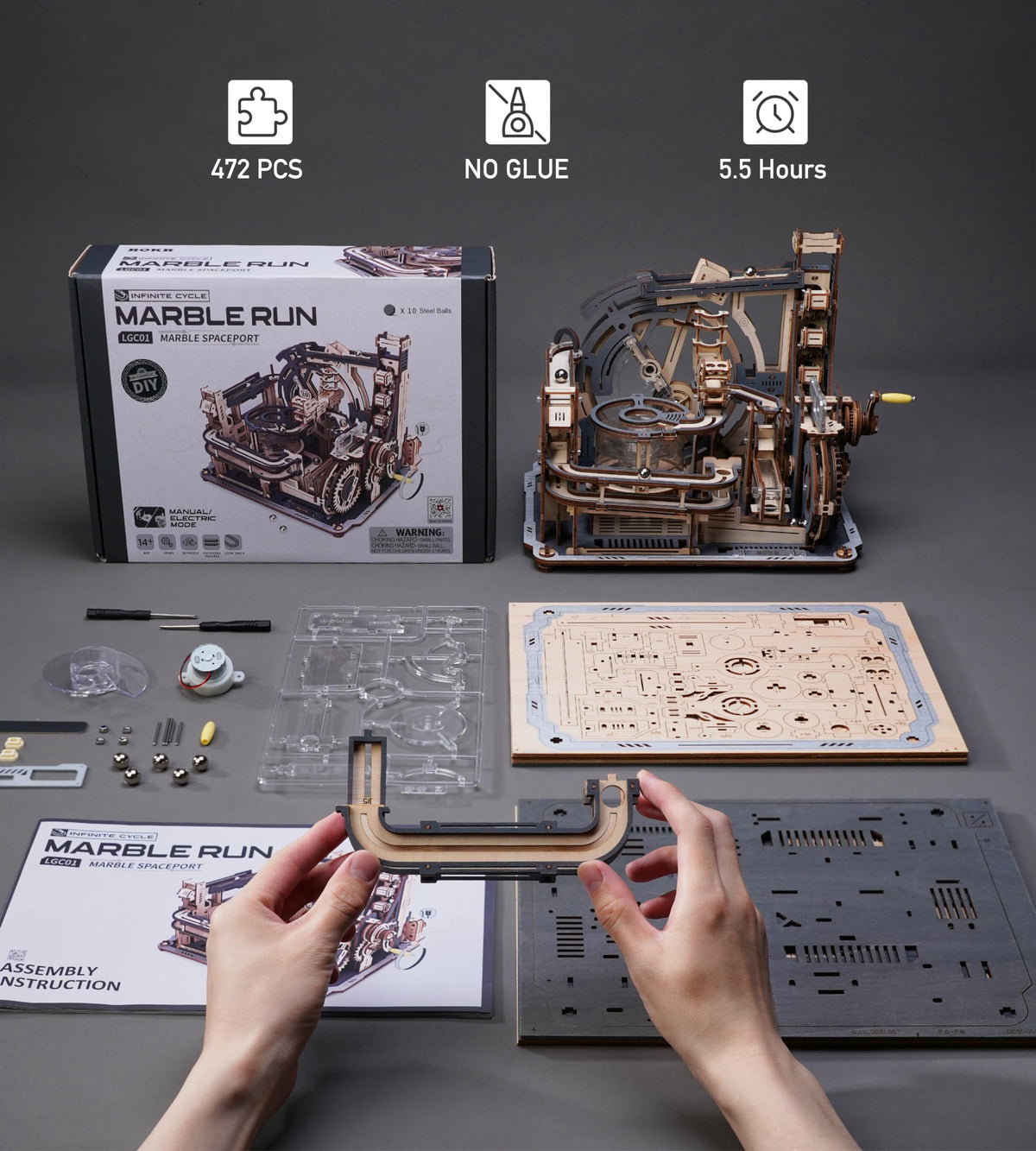 ROBOTIME Marble Spaceport LGC01 laser-cut precision ensures clean, easy assembly