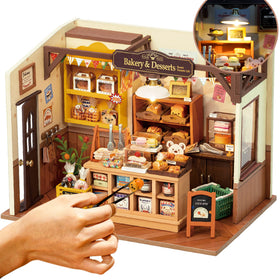 Robotime miniature house kit showcasing a baking store scene for desk decor