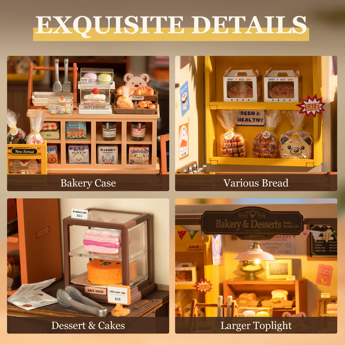 Robotime miniature house with LED toplight enhancing display ambiance