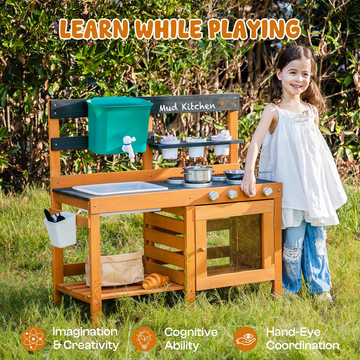 Backyard scene featuring Robotime mud kitchen and imaginative play
