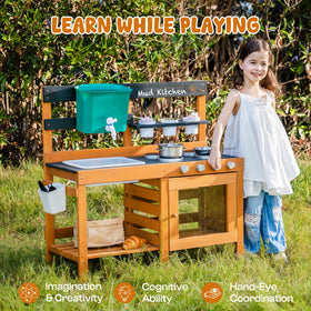 Backyard scene featuring Robotime mud kitchen and imaginative play