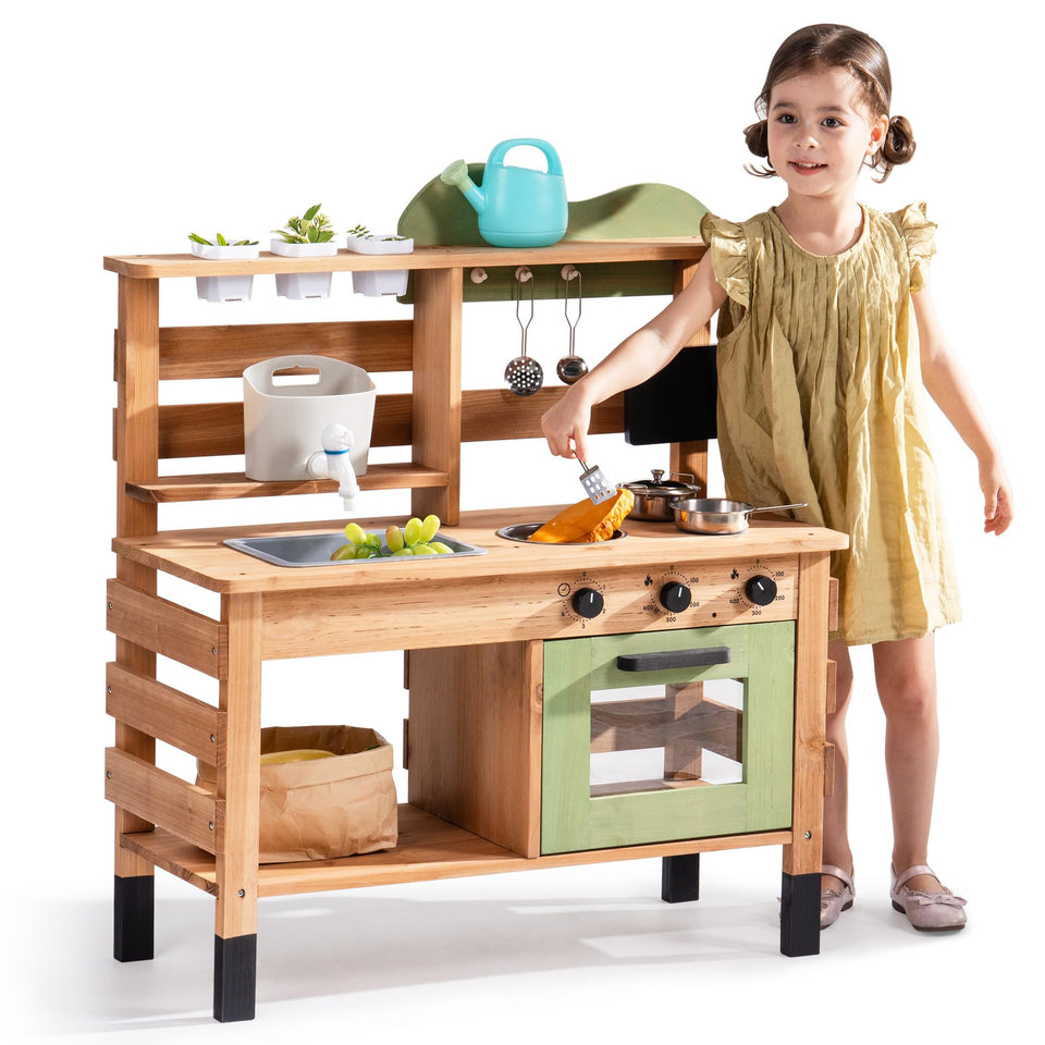 ROBOTIME Mud Kitchen outdoor play area ready for kid chef adventures.