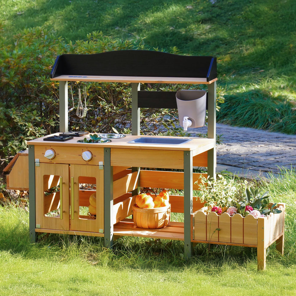 ROBOTIME mud kitchen outdoor image highlights sensory play and pretend cooking