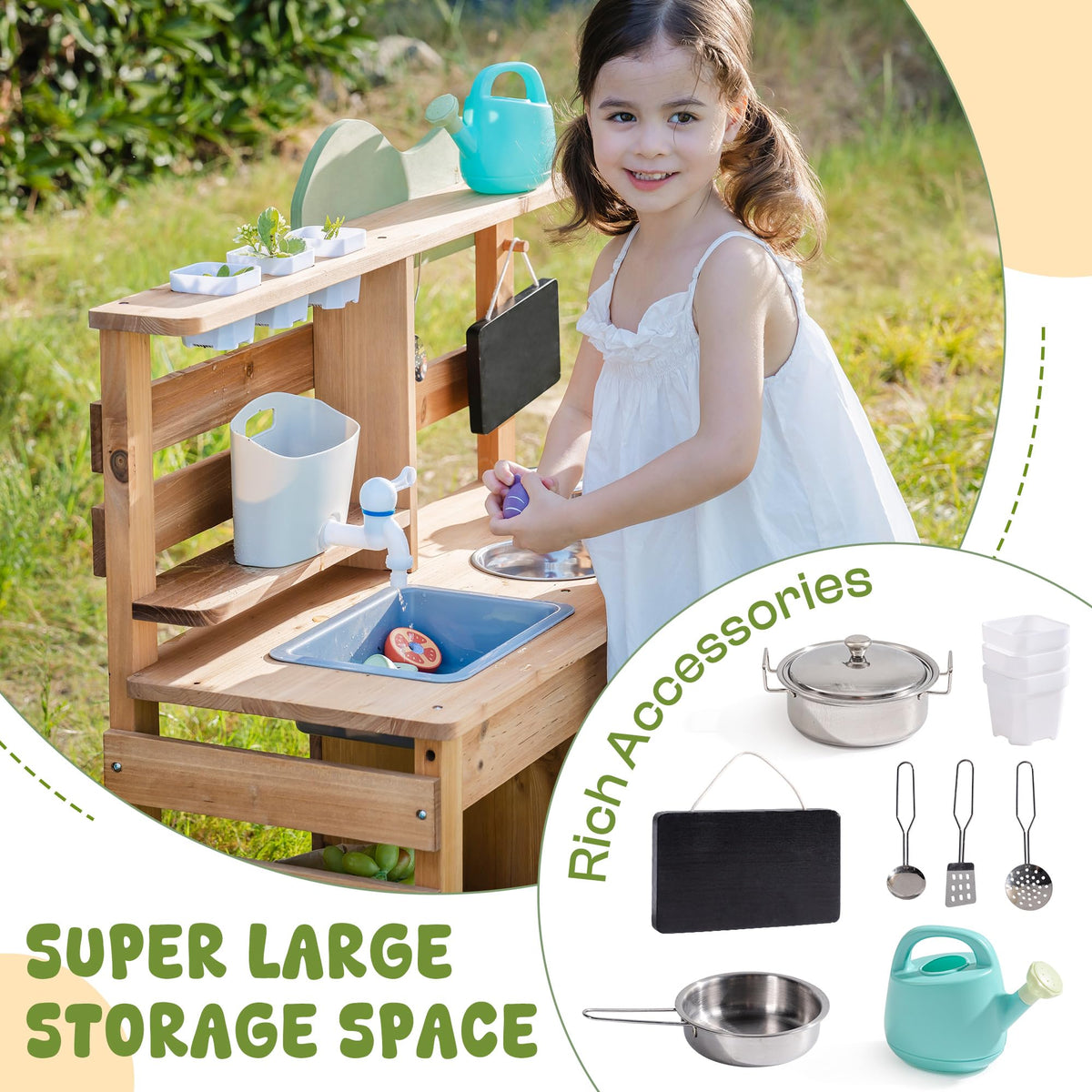 ROBOTIME Mud Kitchen pots and pans support imaginative cooking.