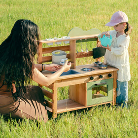 ROBOTIME Mud Kitchen removable sink for realistic pretend washing.