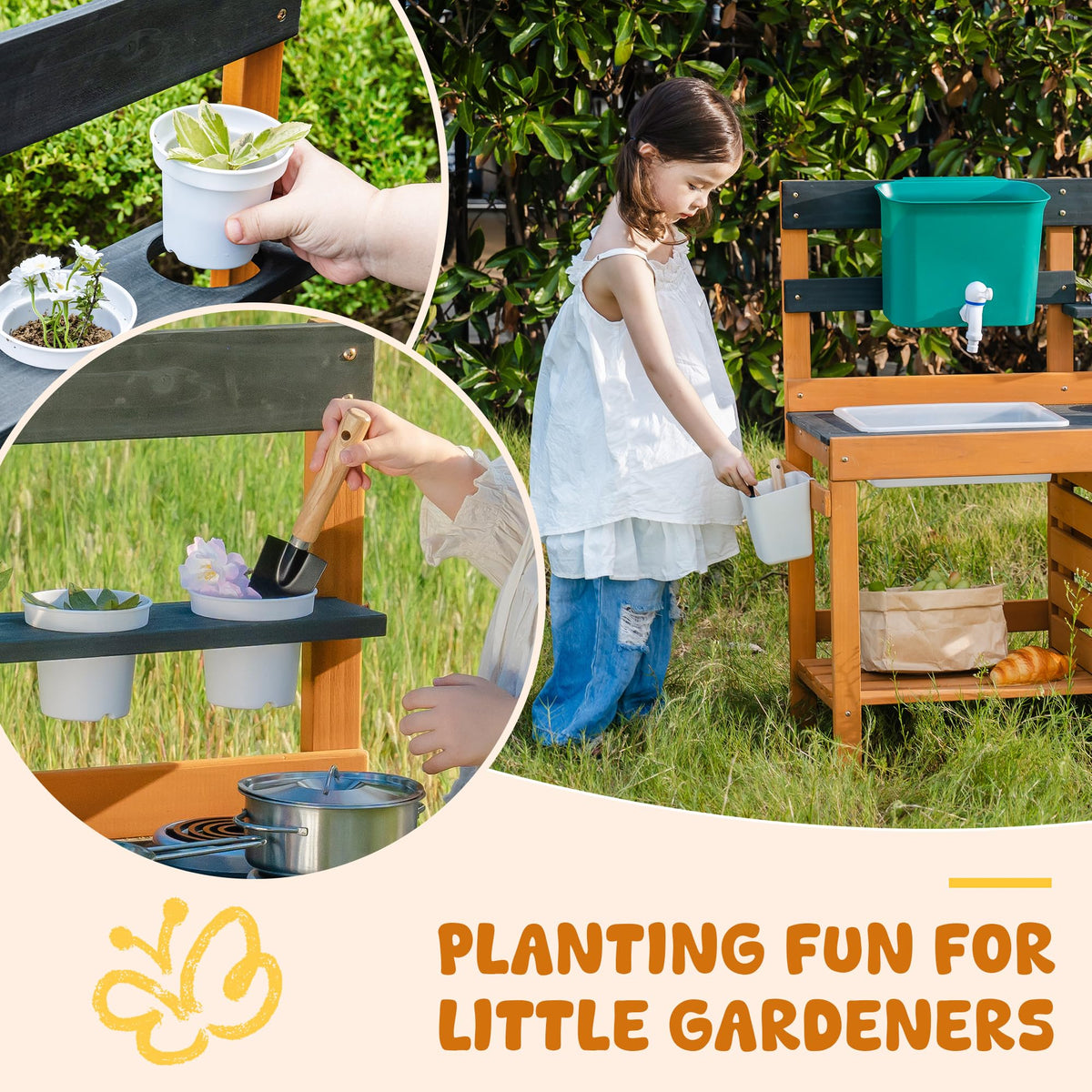 Storage shelf keeps pots and tools organized in Robotime mud kitchen