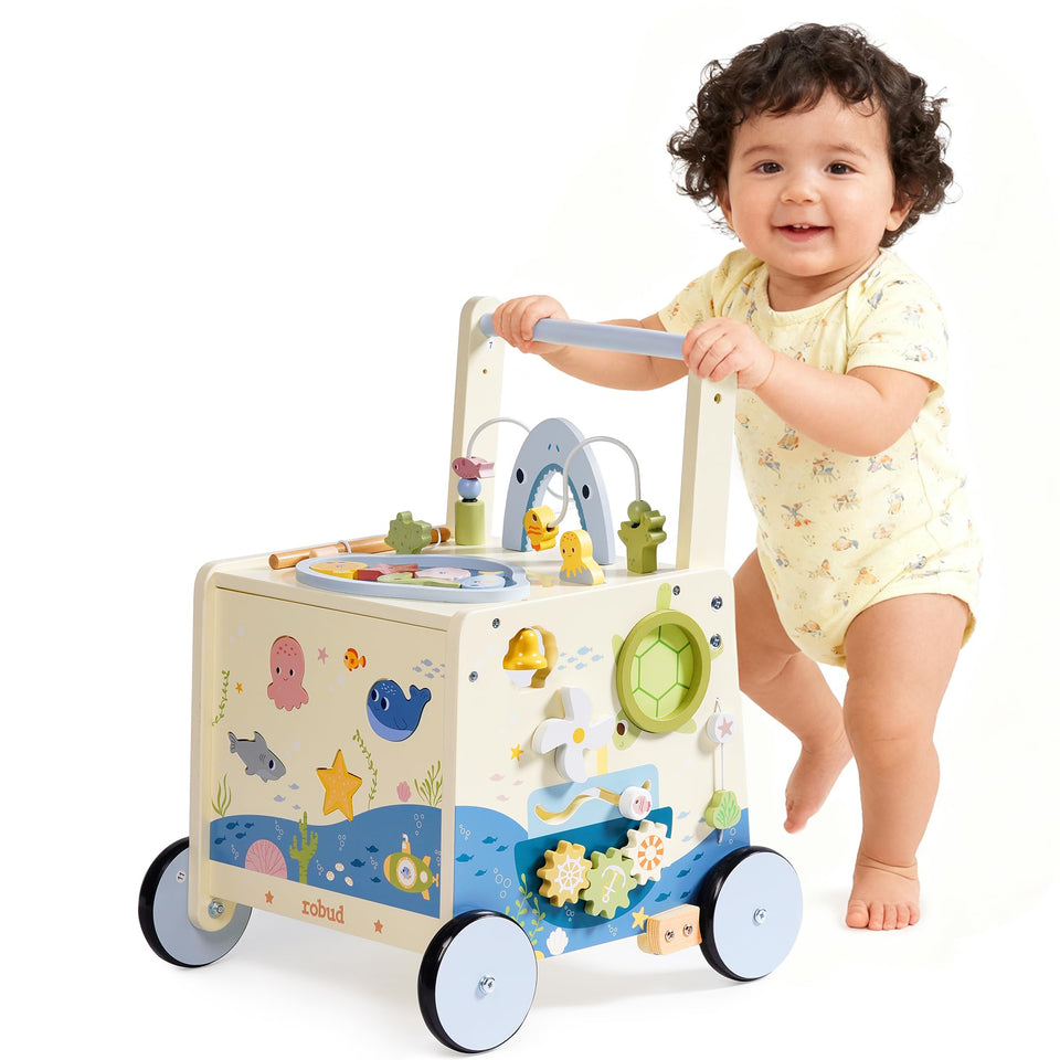 Robotime Ocean World walker push toy with adjustable height for growing toddlers.