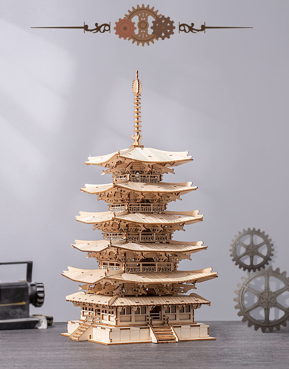 Robotime Pagoda laser-cut detail close-up showing precision craftsmanship