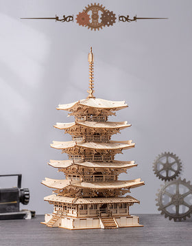 Robotime Pagoda laser-cut detail close-up showing precision craftsmanship