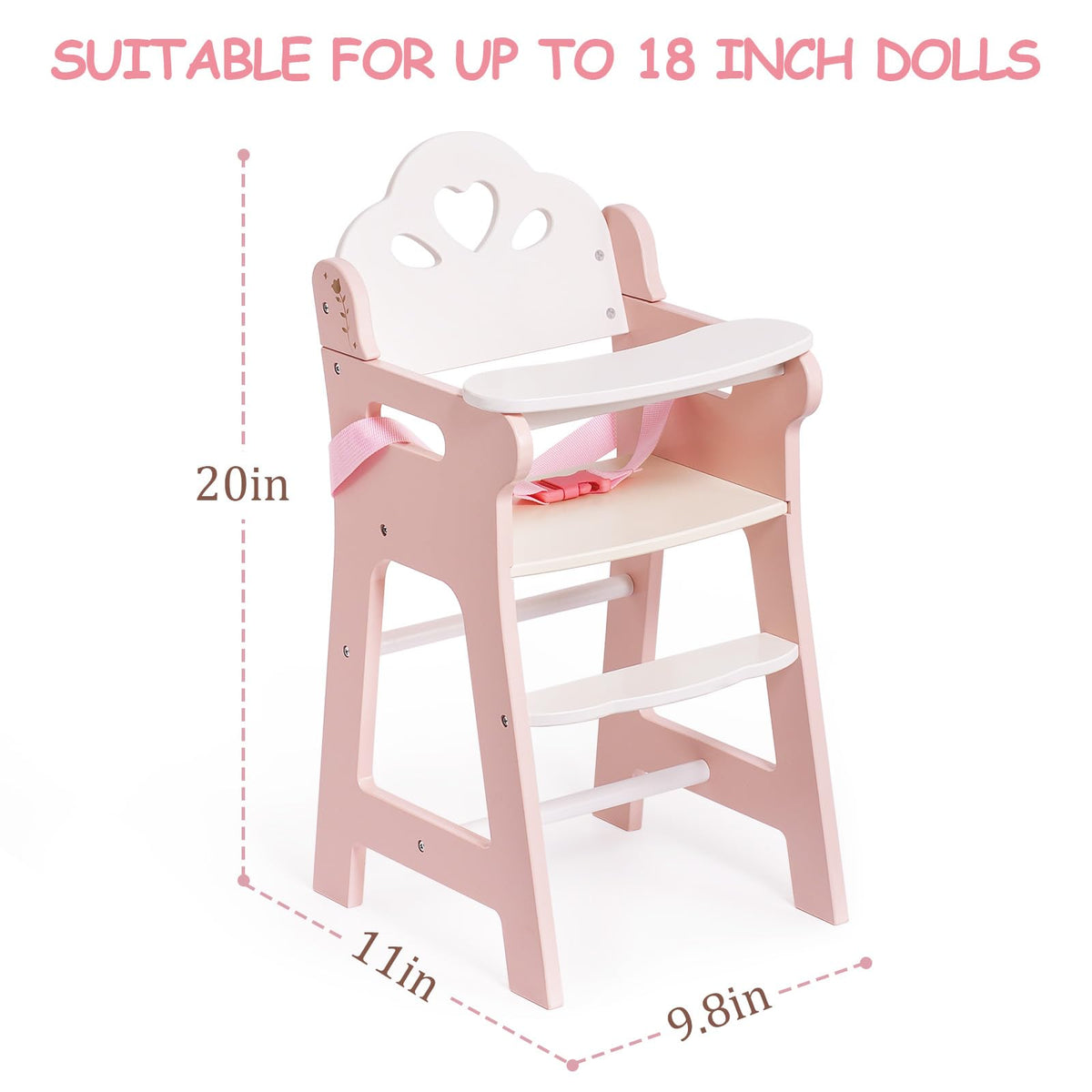 ROBOTIME pink and white doll high chair with safety belt for secure meals.