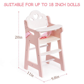 ROBOTIME pink and white doll high chair with safety belt for secure meals.
