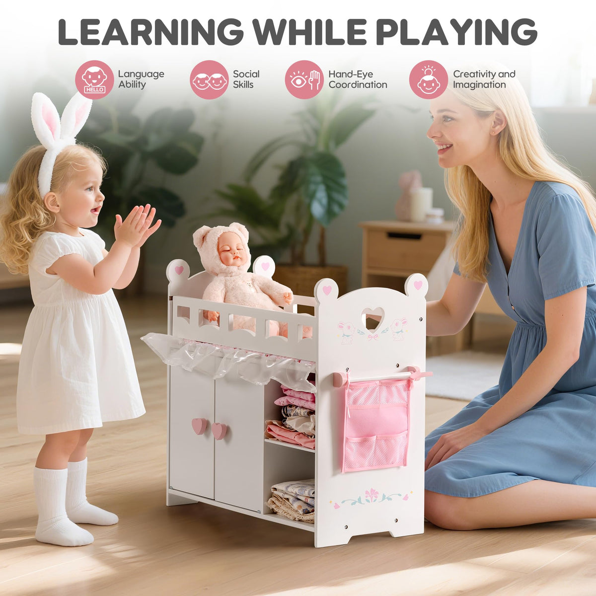 ROBOTIME pink-and-white finish adds a charming nursery look