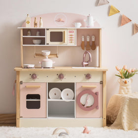 ROBOTIME Pink Wooden Play Kitchen with pretend dishwasher for imaginative cleanup