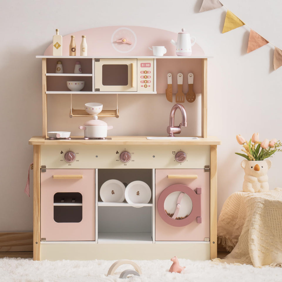 ROBOTIME Pink Wooden Play Kitchen with pretend dishwasher for imaginative cleanup