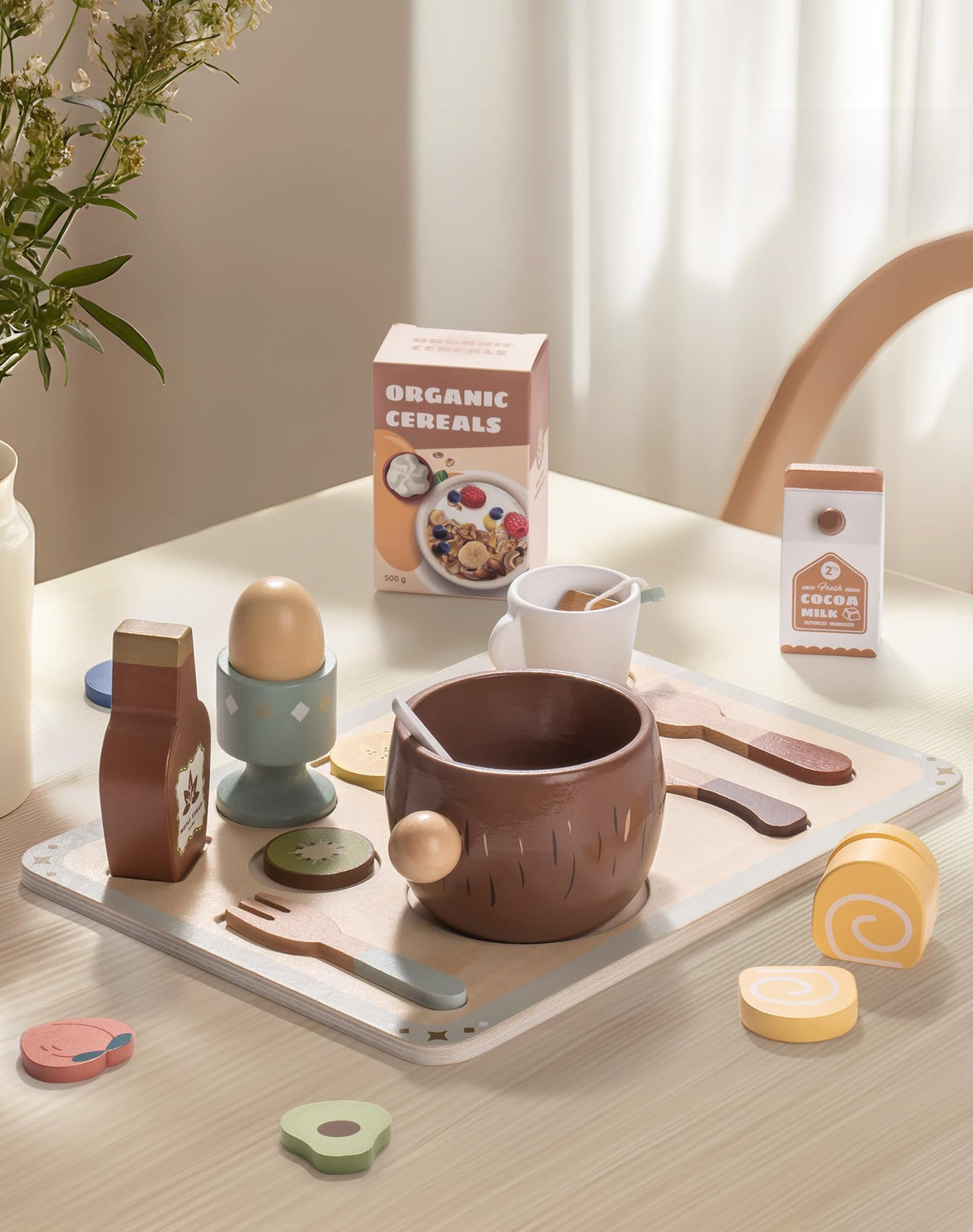 Robotime play food set breakfast tray with wooden pancakes and eggs for imaginative breakfast scenes.