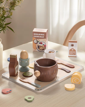 Robotime play food set breakfast tray with wooden pancakes and eggs for imaginative breakfast scenes.