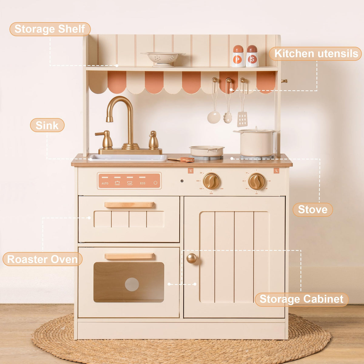 ROBOTIME wooden kitchen with beige color and gold faucet for stylish playroom