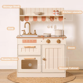 ROBOTIME wooden kitchen with beige color and gold faucet for stylish playroom