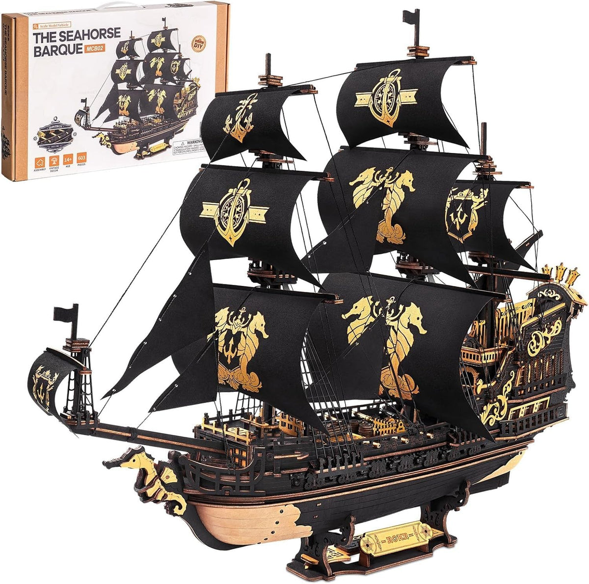 ROBOTIME Seahorse 3D puzzle assembly—intricate mast details for a satisfying build