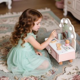 ROBOTIME shell-shaped mirror with drawer keeps accessories organized.