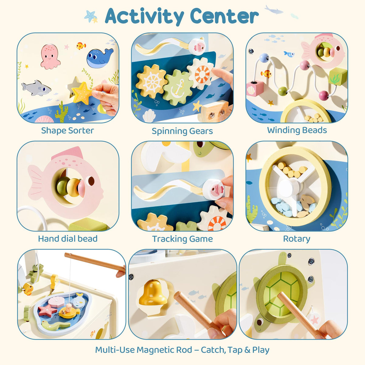 Robotime Montessori activity center includes fishing game for fine motor skills.