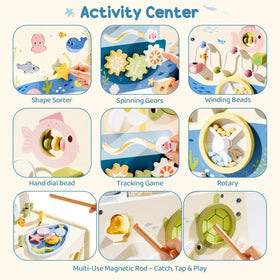 Robotime Montessori activity center includes fishing game for fine motor skills.