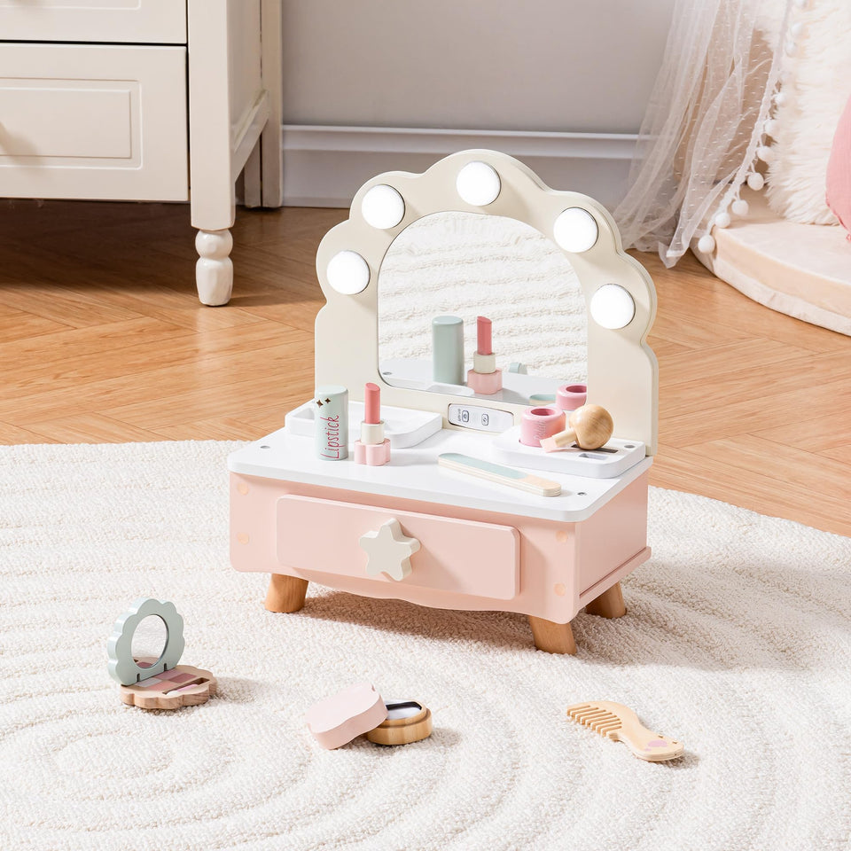 ROBOTIME toddler vanity mirror with lights enhances dress-up playtime.