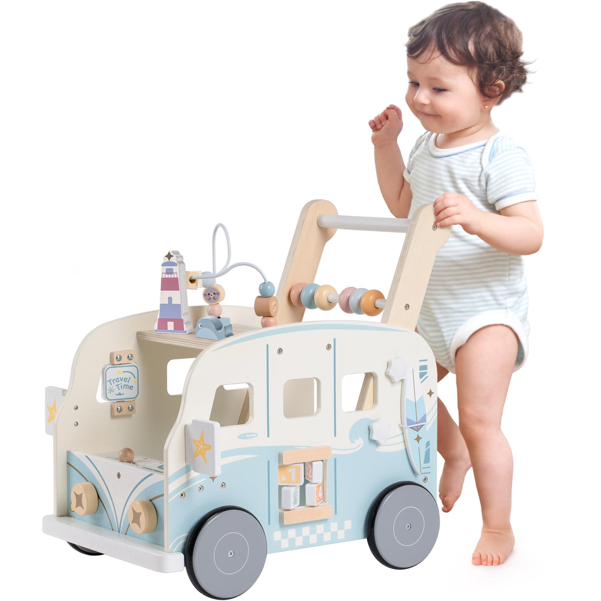 ROBOTIME Vacation Bus walker side view shows sturdy wood for safe first steps