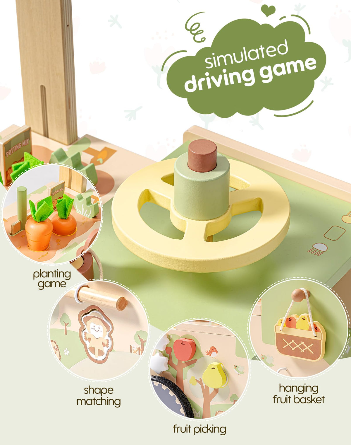 ROBOTIME carrot-growing scene on top invites role play and storytelling in a garden theme.