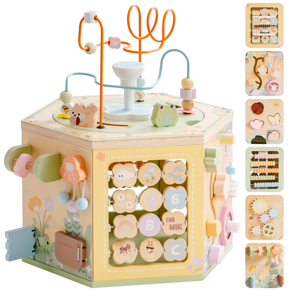 ROBOTIME wooden activity cube bead maze stimulates fine motor skills.