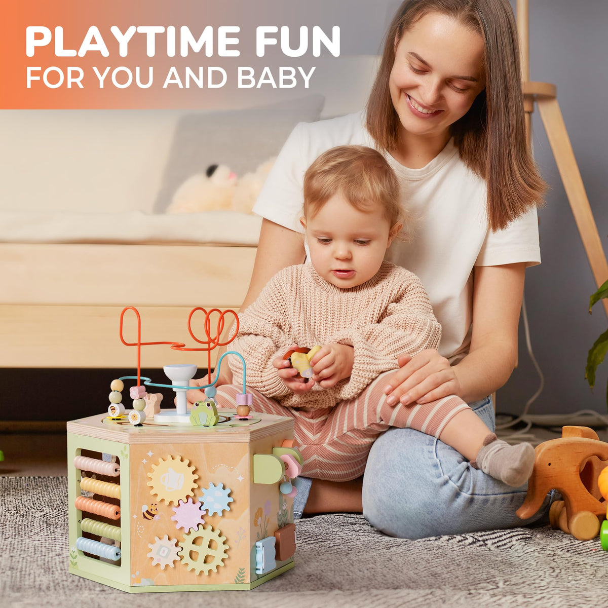 ROBOTIME wooden activity cube ideal for playrooms and nurseries.