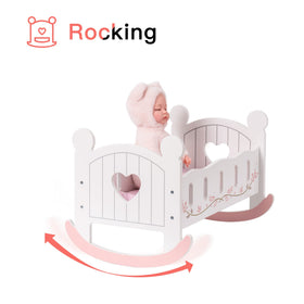ROBOTIME wooden cradle with pink pillow creates a warm, inviting doll nursery.