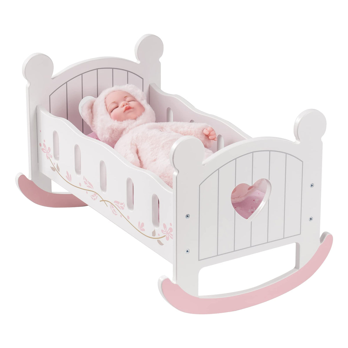 ROBOTIME wooden cradle rocks smoothly for up to 20-inch dolls, encouraging imaginative play.