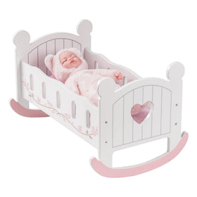 ROBOTIME wooden cradle rocks smoothly for up to 20-inch dolls, encouraging imaginative play.