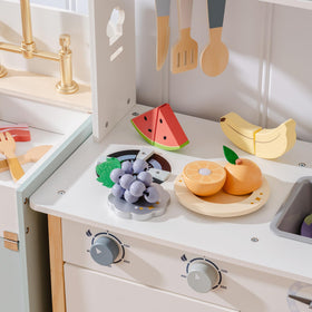 ROBOTIME pretend kitchen accessories showcase natural wood textures and vibrant colors