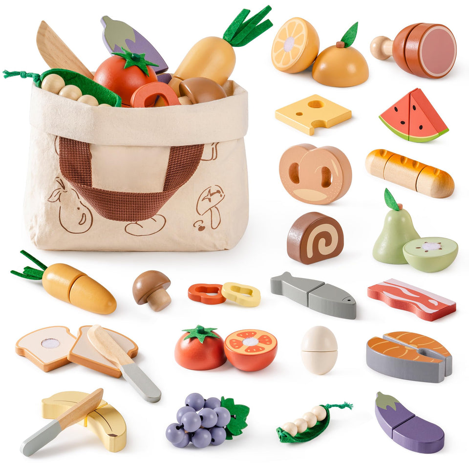 ROBOTIME wooden play food fruits cutting set highlights realistic pretend cooking for kids