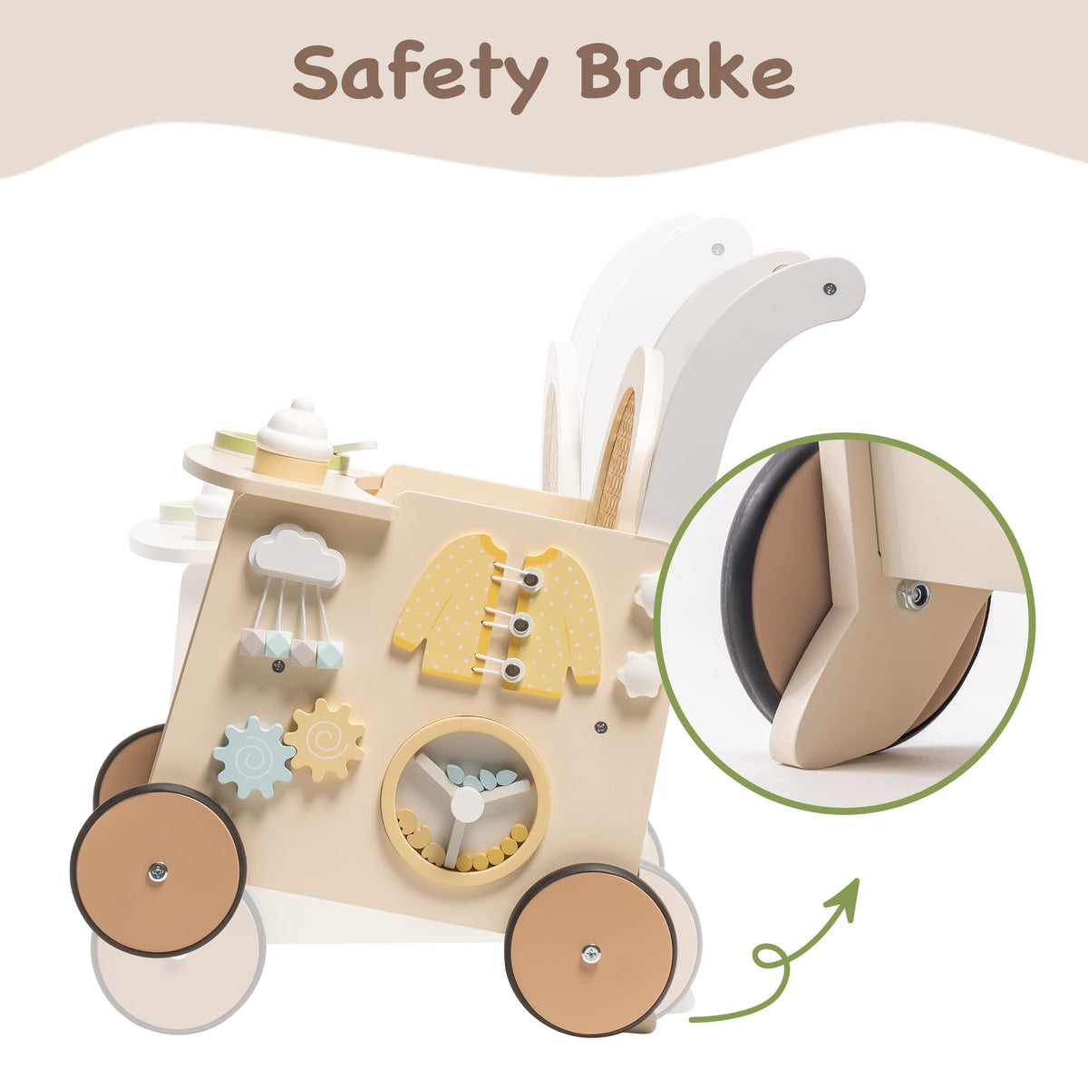 Robotime wooden baby walker activity center showing learning features