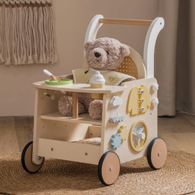 Robotime wooden baby walker front view showing sturdy build and safe design