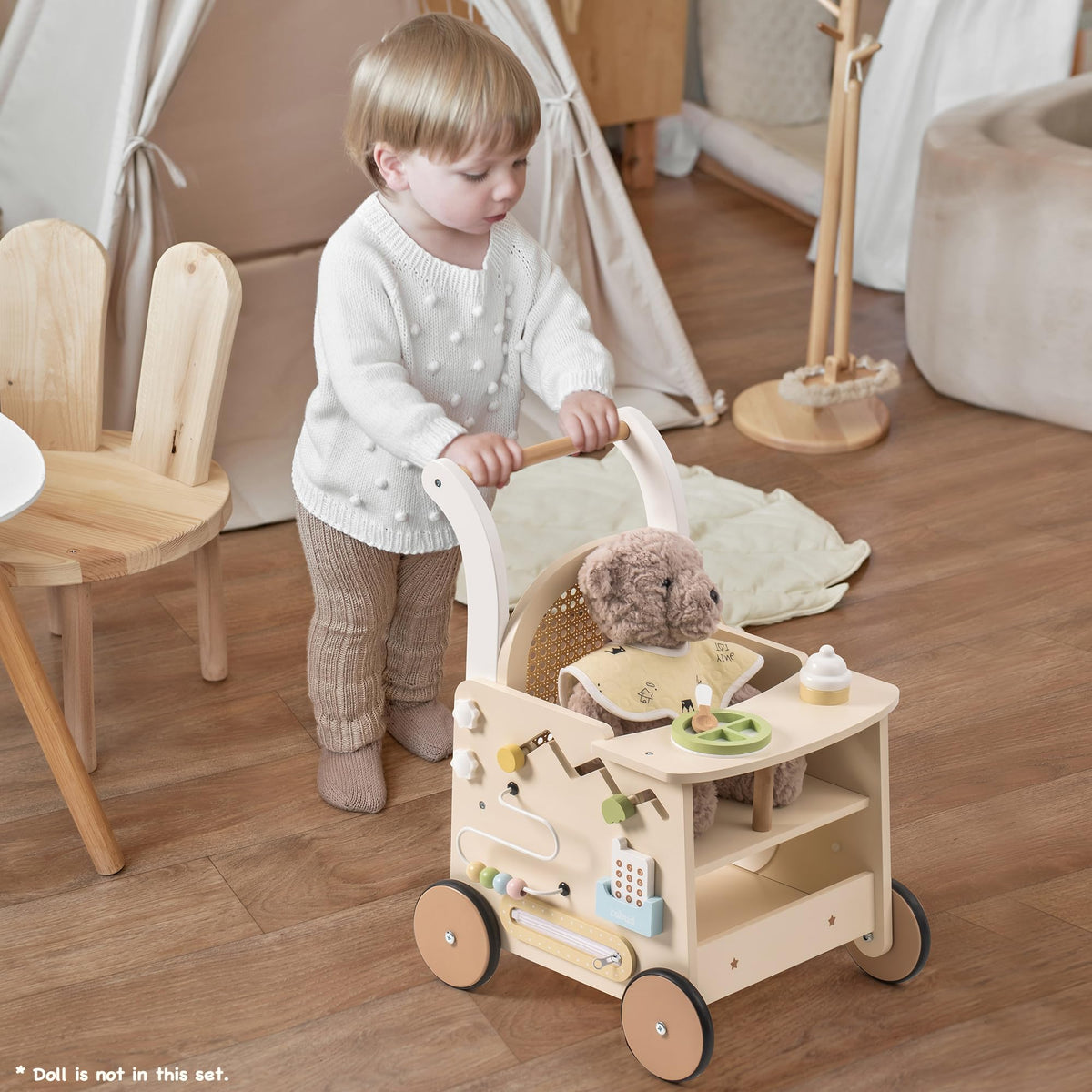 Robotime wooden baby walker side view highlighting ergonomic push handle