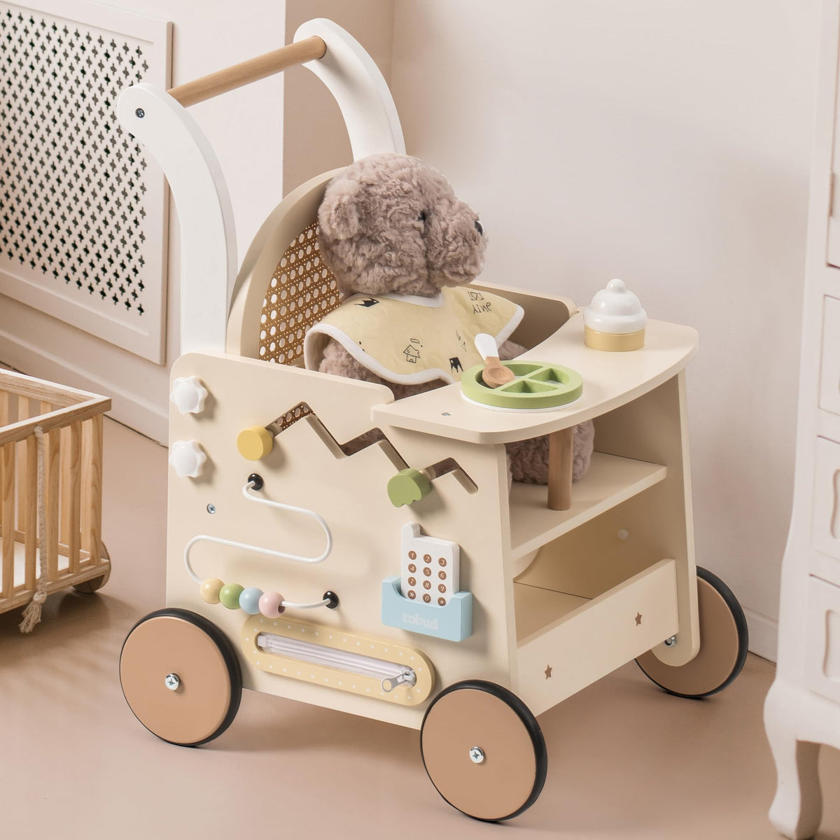 Robotime wooden baby walker storage compartments for tiny toys